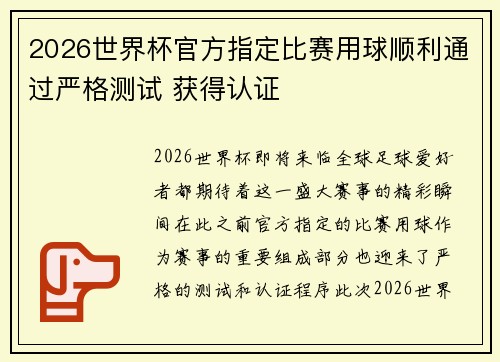 2026世界杯官方指定比赛用球顺利通过严格测试 获得认证