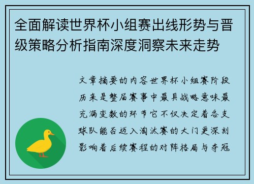 全面解读世界杯小组赛出线形势与晋级策略分析指南深度洞察未来走势